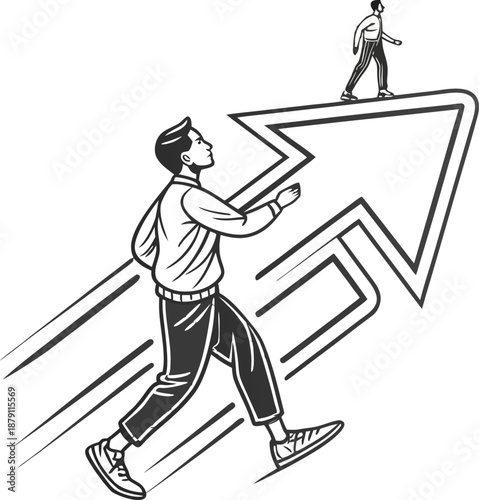 Ascent of Success: Depicting unwavering determination and the pursuit of goals, an individual strides confidently upward along a dynamically drawn arrow.