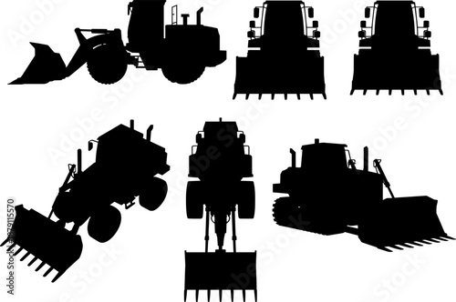 Heavy Construction Machinery Silhouette Vector Set Featuring Front End Loaders Bulldozers and Excavators for Civil Engineering Industrial Building Sites Earthmoving Equipment and Transport Graphics 