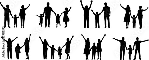 Happy Family Silhouette Vector Set Featuring Parents Holding Hands with Children Joyful Couples and Kids Celebrating Together for Life Insurance Community and Relationship Branding (25 words)