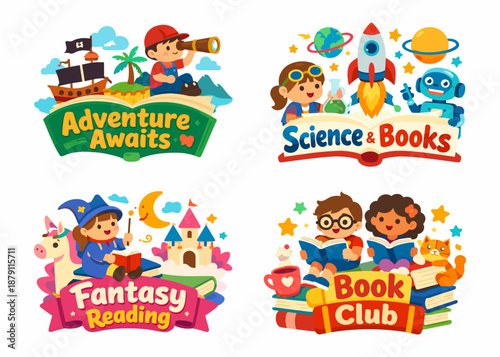 Colorful kids reading and learning badges collection. Set of adventure, science, fantasy, books, education and imagination themes