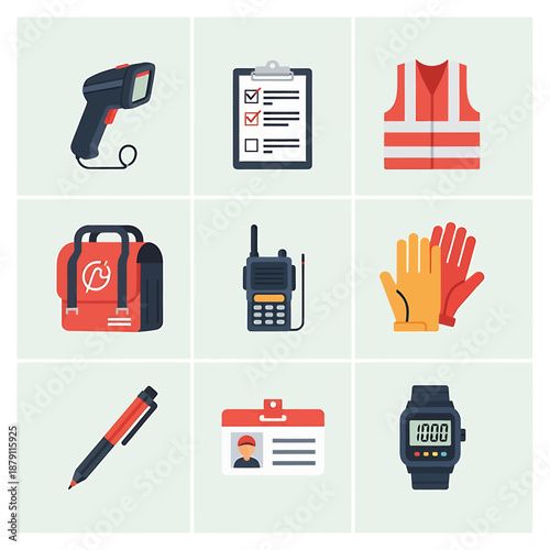 Collection of safety equipment and tools arranged neatly in a grid layout showcasing various workplace essentials and emergency preparedness items