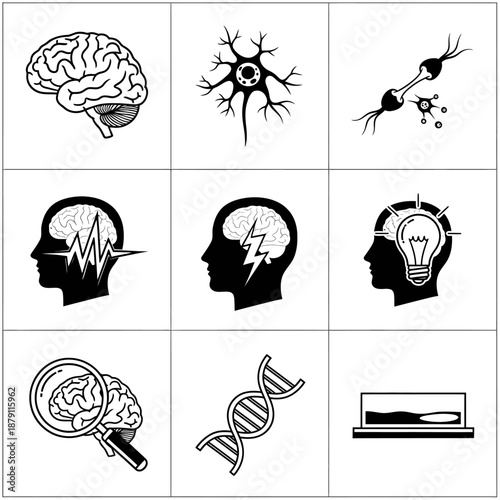 Illustrations of human brain and neurons, exploring thought processes and neurological functions in a simple black and white visual representation