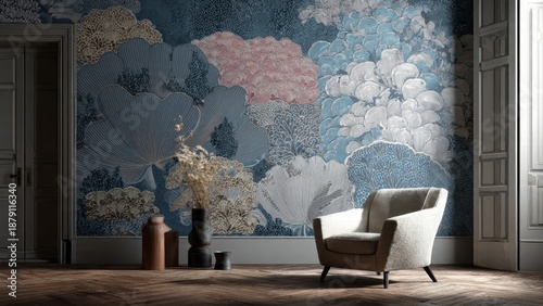Moody luxury interior design featuring an abstract floral wallpaper mural, modern armchair, and rich parquet flooring in a classic apartment.