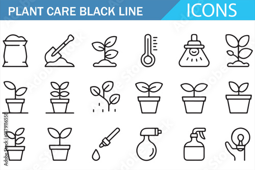 Minimal Plant Care Line Icons with Watering and Tools