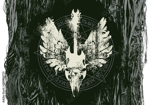 A vector banner featuring a sacral pentagram and an image of an electric guitar, wings, and the skull of a horned animal, a bull or a cow, against a backdrop of the roots and branches