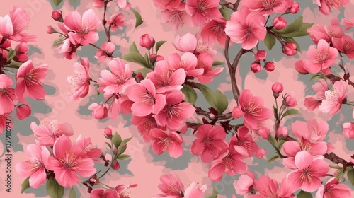 Vibrant pink cherry blossoms in full bloom with green leaves on soft background.