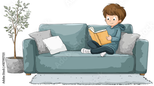 Young Boy Reading Book on Sofa Vector Illustration