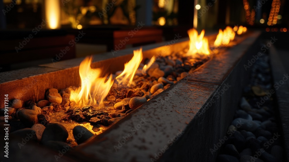 Naklejka premium Warm evening fire pit with glowing flames and stones outdoors.