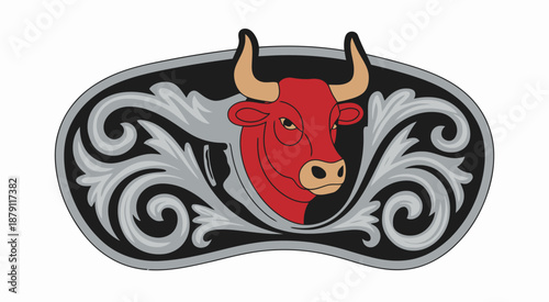 Stylized silver belt buckle vector illustration featuring detailed bull head design, perfect for western themes, cowboy fashion, rodeo branding, rustic apparel graphics, and classic country style conc
