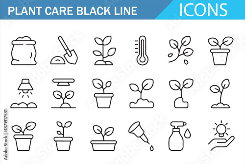 Plant care black line icons set showing watering fertilizing pruning spraying and gardening tools in clean outline style isolated on white background for gardening agriculture and houseplant design