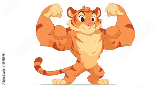 Cute Tiger Cartoon Showing Muscles Vector Illustration