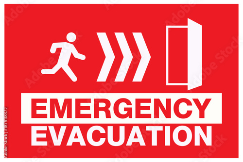 Emergency evacuation sign with running man icon and directional arrows pointing to an open door.