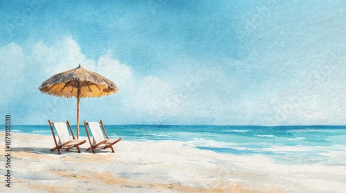Peaceful beach scene with umbrella and chairs by turquoise ocean.