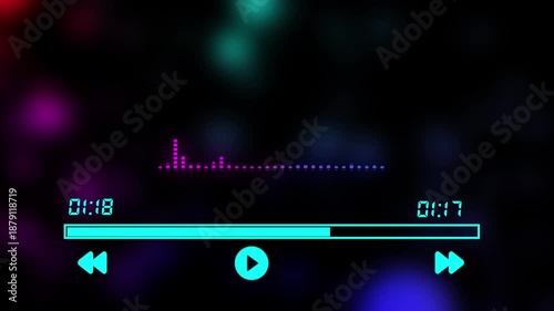 Glowing blue music player controls with animated equalizer and timer on abstract bokeh background 4k animation alpha channel