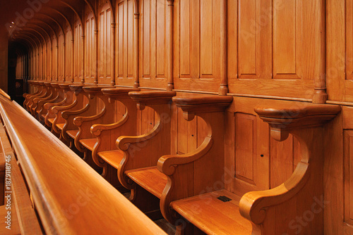 Obraz na płótnie Wood church stalls close-up - religion