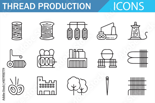 Thread Production and Textile Manufacturing Icons Set, Yarn Spool Bobbin Needle Weaving Tools, Clean Outline Style Vector Illustration Isolated on White