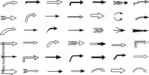 Collection of various black arrows on white background for design and navigation purposes