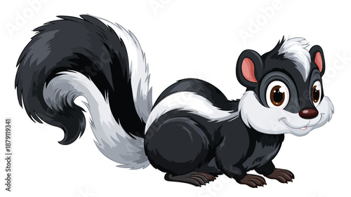 Adorable Skunk Cartoon Character in Playful Pose with Outline on White Background