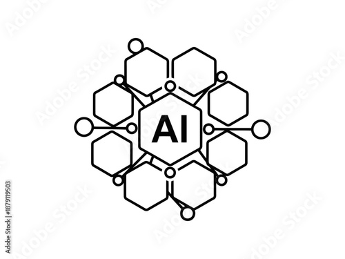 A simple but nice artificial intelligence or AI concept icon in hexagonal structure outlined machine learning and deep learning network symbol black and white outline vector illustration