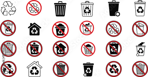 Recycling and trash icons with prohibition signs on white background  waste management symbols