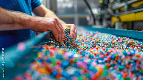 Close-up of human hands holding colorful plastic granules, symbolizing recycling, sustainable manufacturing, and environmental conservation efforts.