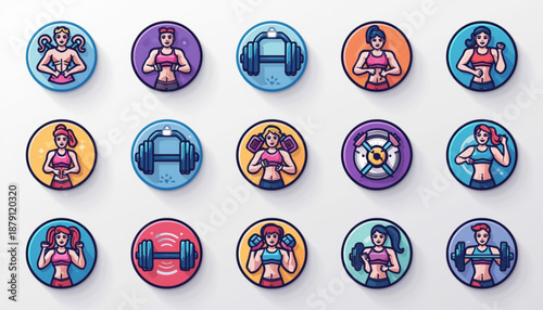 health A colorful vector graphic illustration of fitness icons featuring women exercising with dumbbells and other workout equipment in a modern flat design style.
