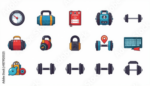 health A set of colorful vector icons depicting various fitness and workout related objects and equipment