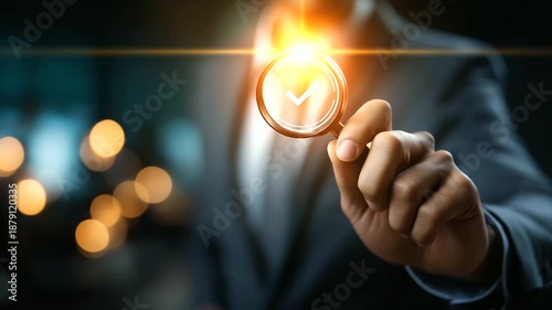 Businessman focusing on audit checklist visualization magnifying glass icon interface examination compliance verification process quality assessment review inspection accuracy