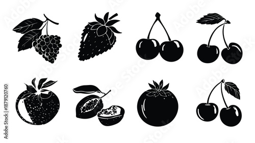 Fresh Summer Fruits Black Silhouette Vector Art Illustration