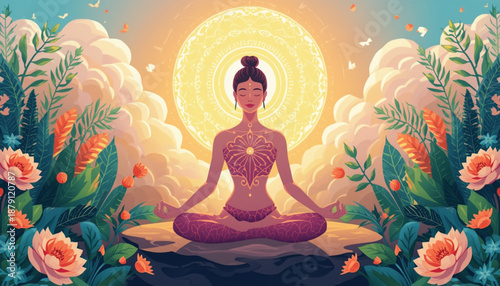 health A serene woman meditating in a peaceful garden surrounded by vibrant flowers and lush greenery with a bright sun shining behind her.