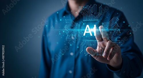 Man interacts with artificial intelligence technology represented by ai symbol in a futuristic digital interface