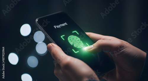 Person using smartphone with fingerprint biometric authentication for secure mobile payment transaction online digitally