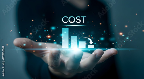 Hand holding digital graph showing decreasing cost with bar chart and downward trend arrow clearly visible
