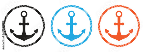 Set of colorful anchor icons in rope circles for nautical themes