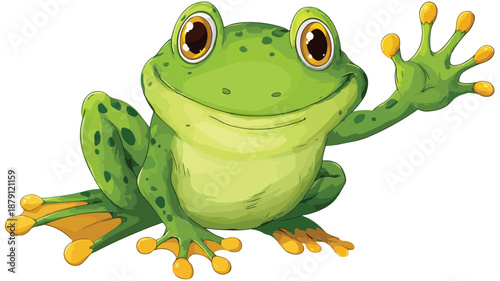 Friendly Green Frog Cartoon Waving Isolated on White Background