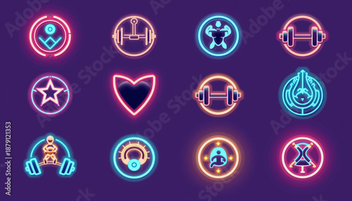 health A collection of neon fitness icons including workout symbols and exercise logos in a vibrant purple background