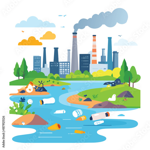 Conceptual vector illustration depicting ocean and environmental pollution, designed with clean lines and scalable elements for professional use. The artwork symbolizes plastic waste, polluted seas, a