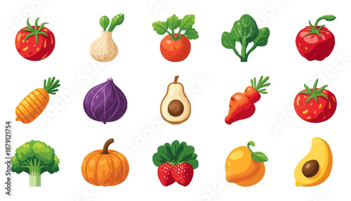 health A colorful vector graphic illustration of various fresh fruits and vegetables in a flat design style