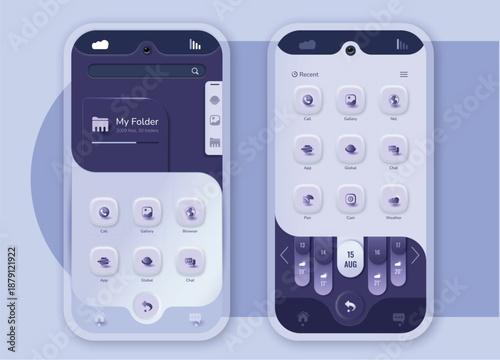 Modern Glassmorphism Mobile App Interface UI Template with File Manager, Icons, and Weather Widget