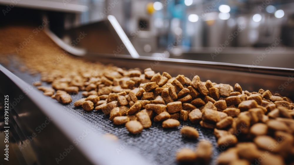 Obraz premium Automated conveyor system in pet food manufacturing facility.