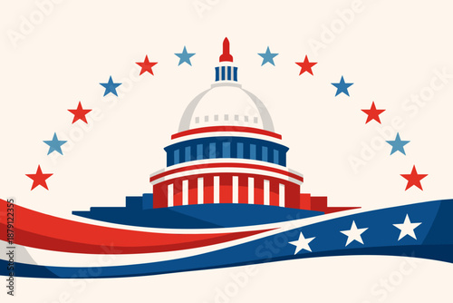 United states capitol building with stars and patriotic waves. National government theme of democracy and civic identity
