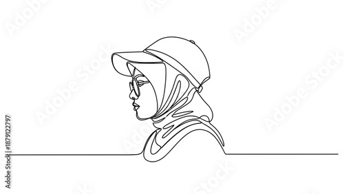 Outline of a Muslim woman wearing a cap and hijab in profile  