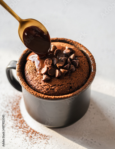 Decadent mug cake made of rich chocolate, topped with melted chocolate chips and dusted with cocoa powder on a white backdrop. A spoon scoops up the delectable dessert. 