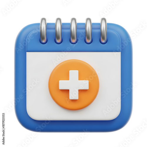 blue calendar icon with orange plus symbol on white page on transparent background