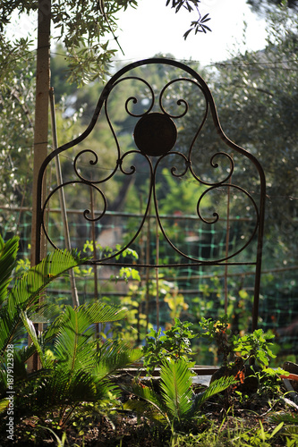 Decorative wrought iron arch in the garden, a retro bed, surrounded by green ...