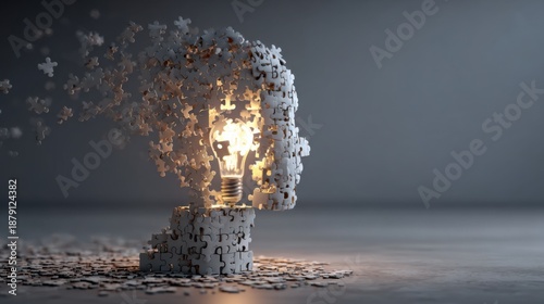 Head formed from puzzle pieces with glowing light bulb