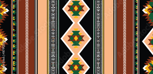 Seamless tribal geometric ethnic pattern with intricate diamond shapes and striped borders in warm earthy tones