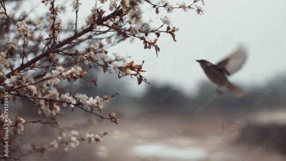 Obraz premium Bird taking flight from blossoming tree