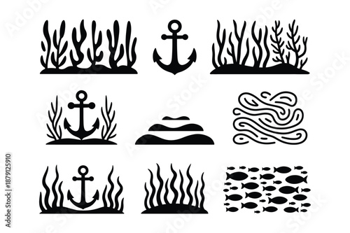 Set of Nautical Undersea Silhouette Icons with Anchors and Fish