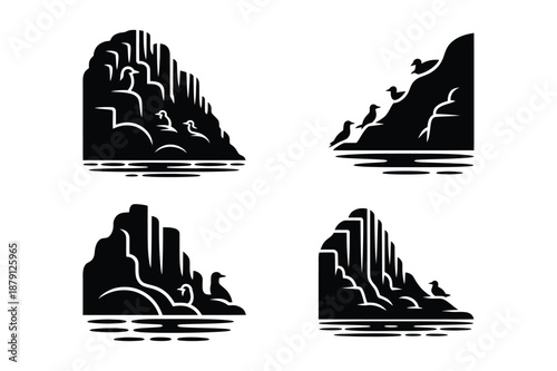 Seabirds and Gulls Perched on Dramatic Ocean Cliff Silhouettes